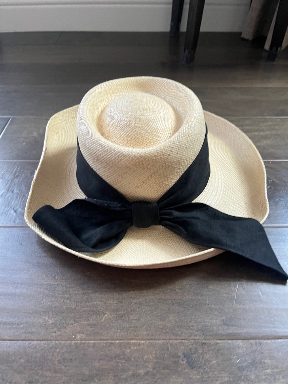 Vintage Panama Hat Wide-Brim Straw Hat with Black Ribbon Bow